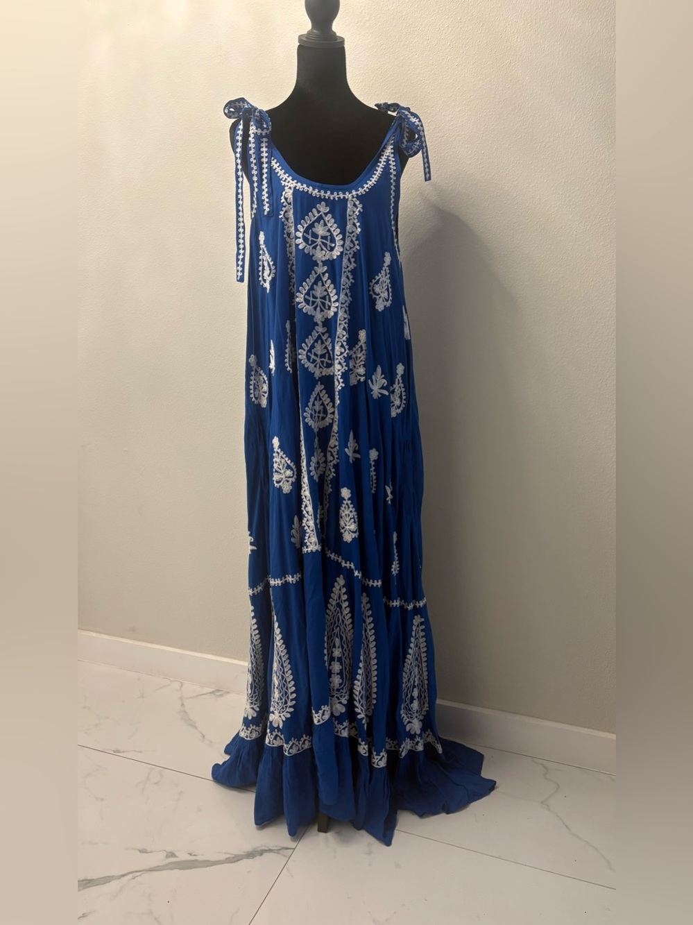 PRANELLA Blue Embroidered Tie-Shoulder Maxi Dress - Picture 9 of 12